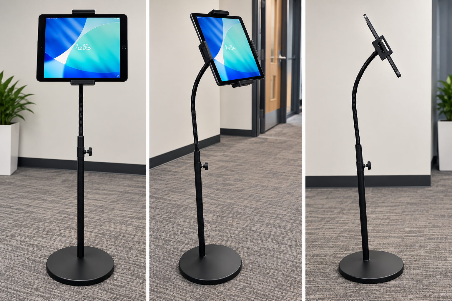 Gooseneck iPad tablet stand with heavy round base